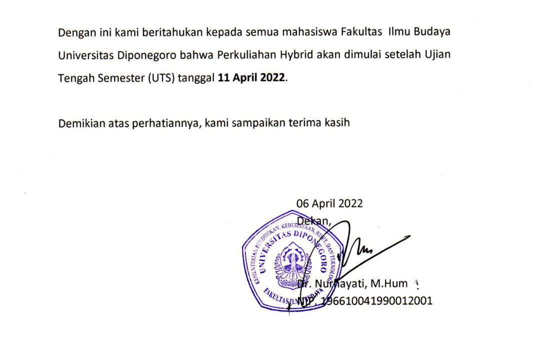 Hybrid Class Announcement for Even Semester Academic Year 2021/2022