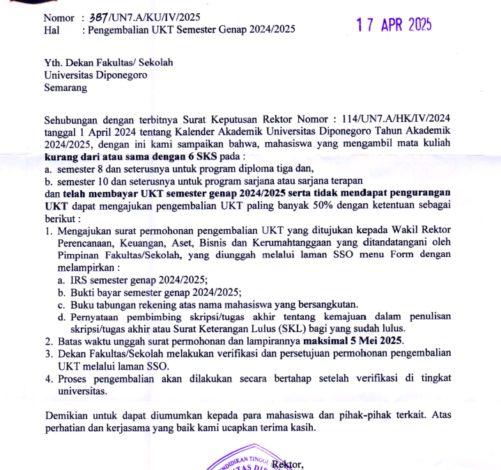 Pengumuman Pengembalian UKT Semester Genap 2024/2025.