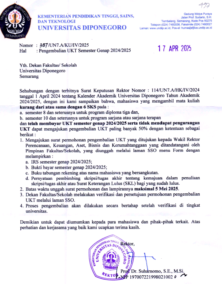 Pengumuman Pengembalian UKT Semester Genap 2024/2025.