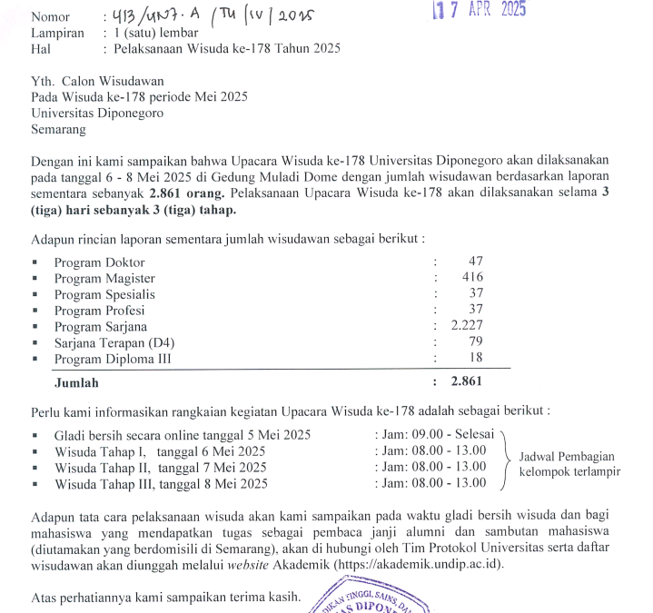 Wisuda ke-178 UNDIP Siap Digelar, Sebanyak 2.861 Mahasiswa Akan Diwisuda Selama Tiga Hari
