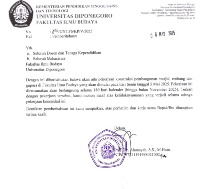 Pengumuman Pembangunan FIB Undip.