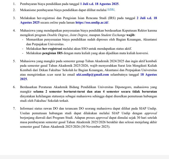 Pengumuman Her-Registrasi Mahasiswa Lama Universitas Diponegoro 2025.