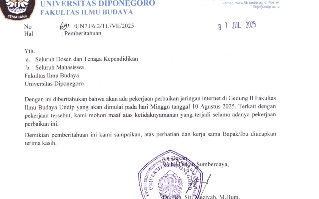 Pemberitahuan Perbaikan Jaringan Internet di Gedung B FIB Undip Mulai 10 Agustus 2025