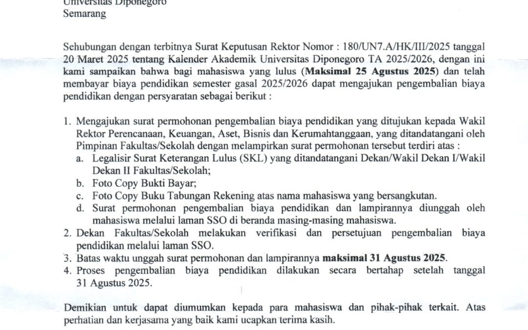 Pengumuman Pengembalian UKT Semester Gasal 2025/2026 untuk Mahasiswa yang Sudah Lulus Studi