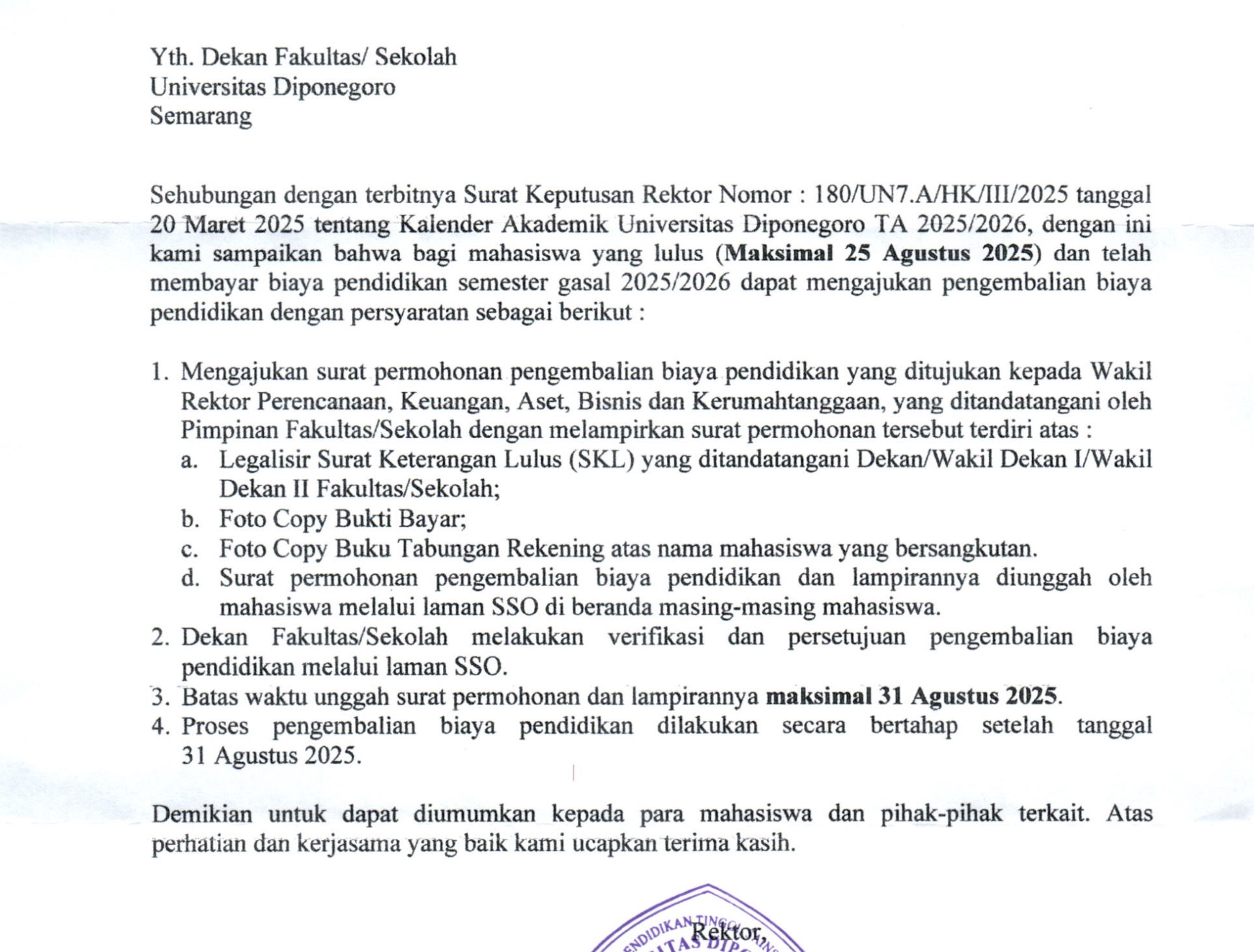 Pengembalian UKT Undip