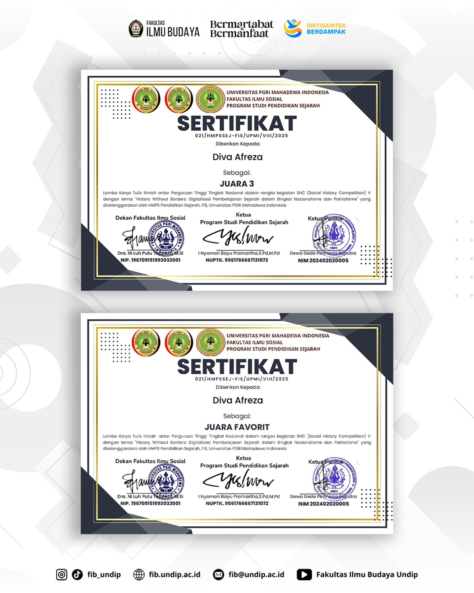 3 Mahasiswa Prodi Sejarah FIB Undip Raih Juara 3 dan Juara Favorit Tingkat Nasional di Social History Competition 2025.