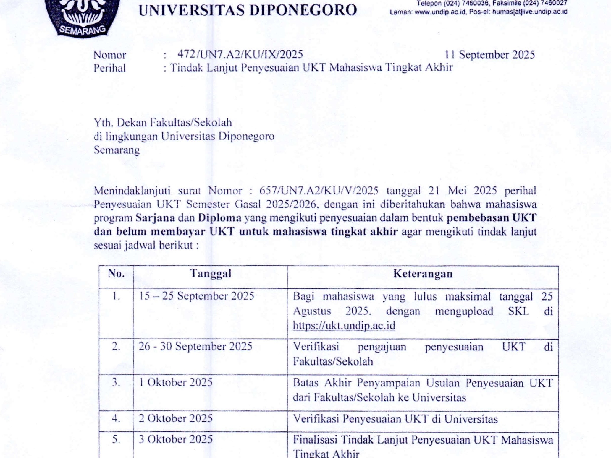Undip Umumkan Penyesuaian UKT untuk Mahasiswa Tingkat Akhir Semester Gasal 2025/2026, Simak Jadwalnya!