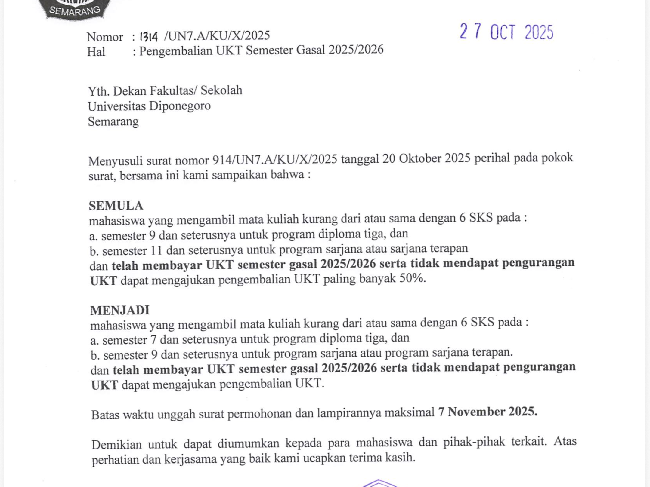 Mekanisme Pengembalian UKT Semester Gasal 2025/2026