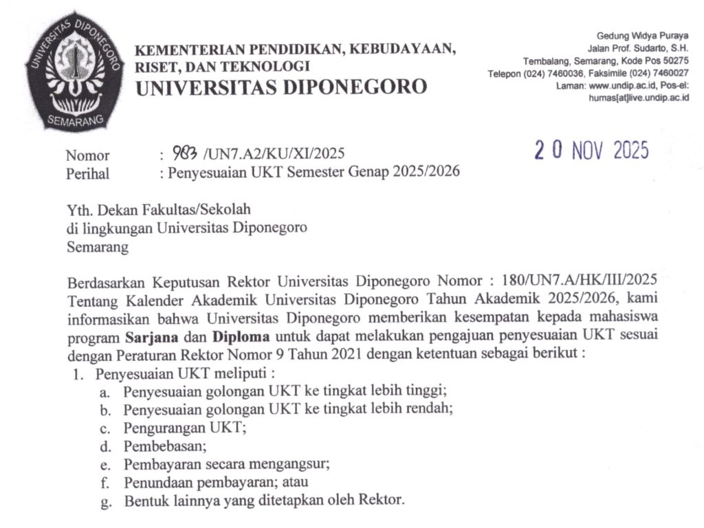 Penyesuaian UKT Undip Semester Genap 2025/2026.