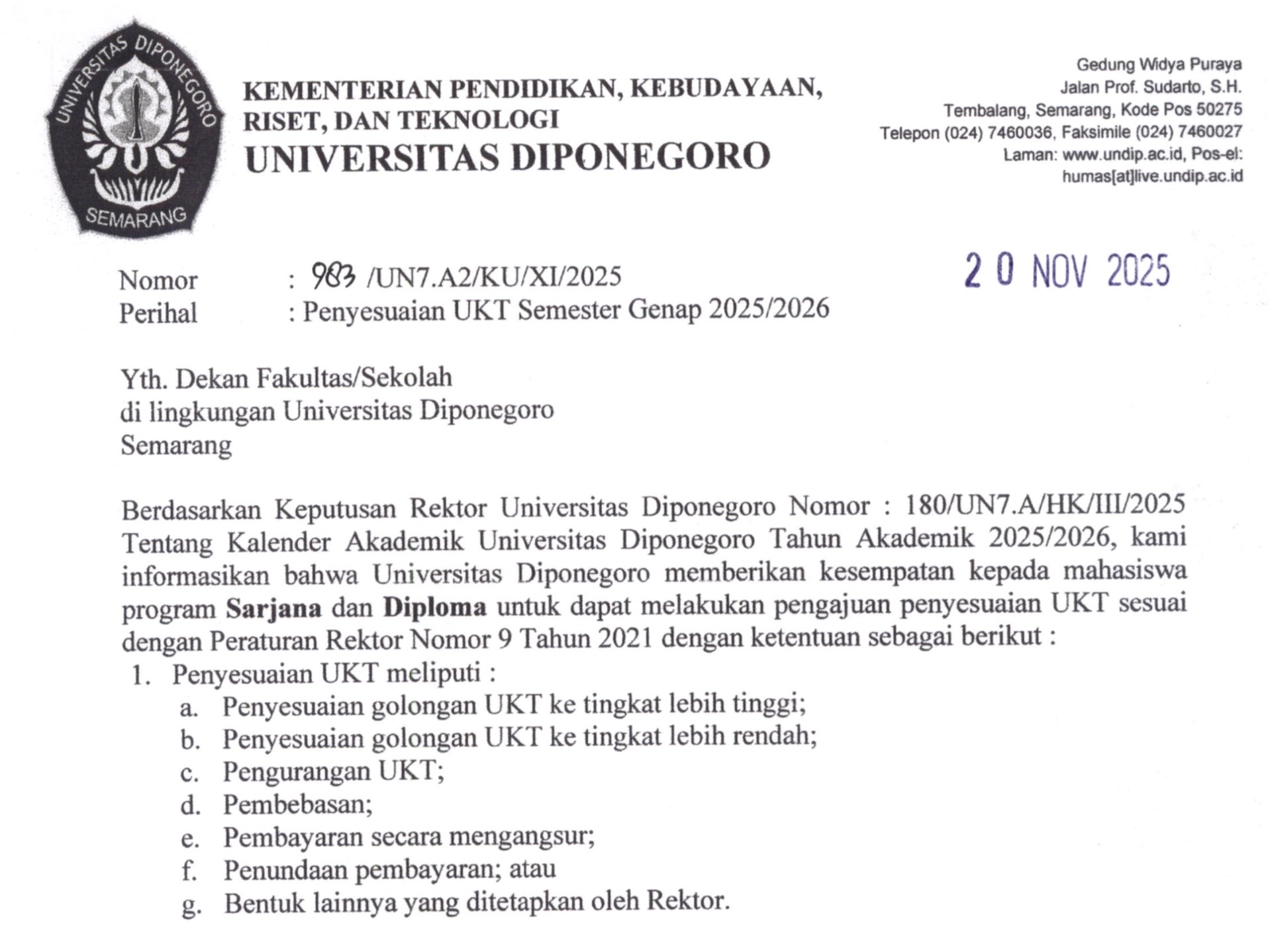Penyesuaian UKT Undip Semester Genap 2025/2026.