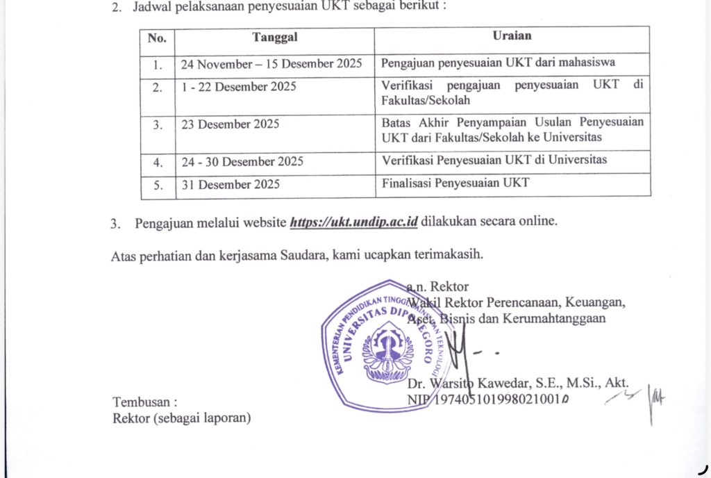 Penyesuaian UKT Undip Semester Genap 2025/2026.