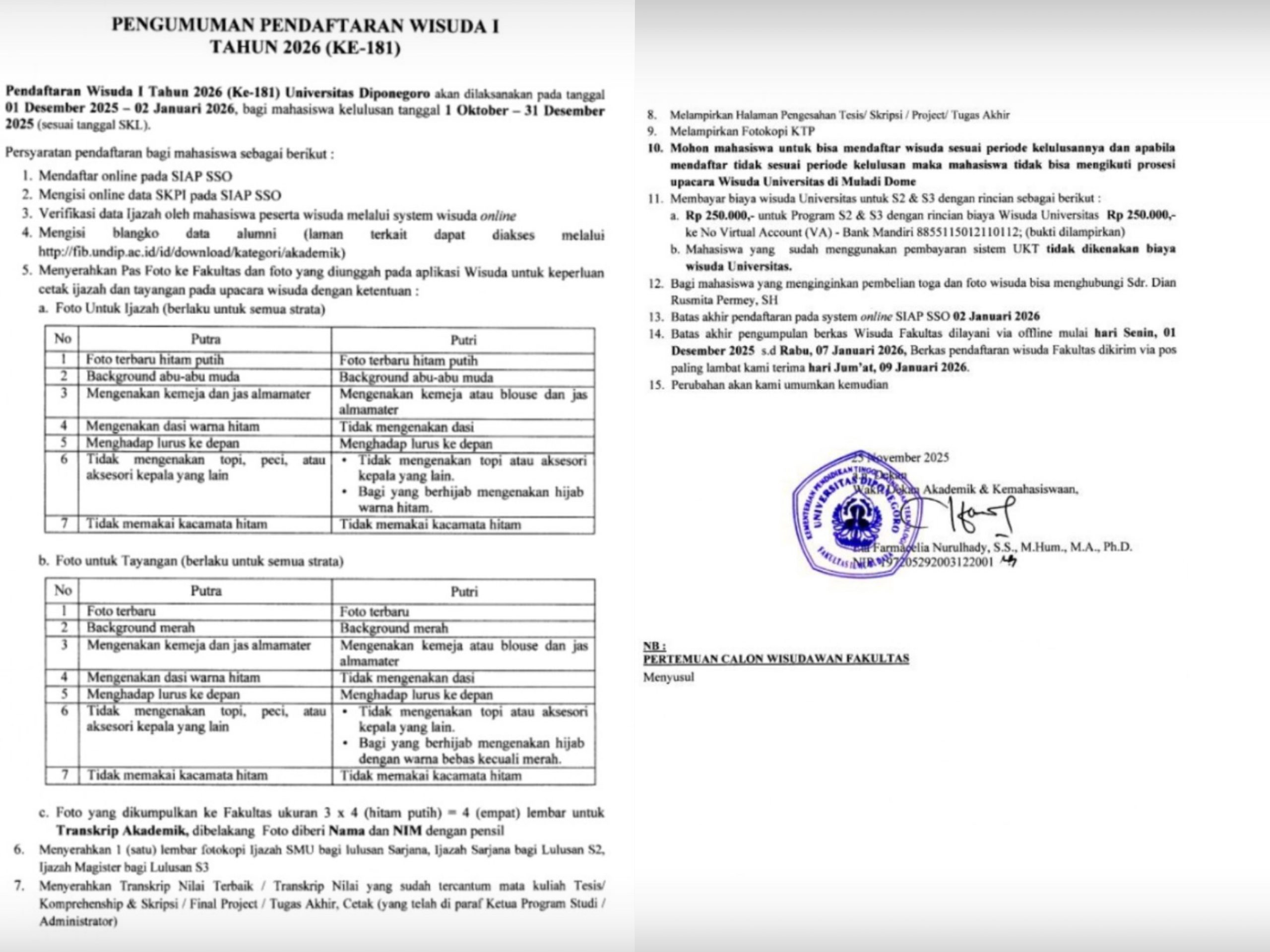 Pengumuman Pendaftaran Wisuda ke-181 Undip.