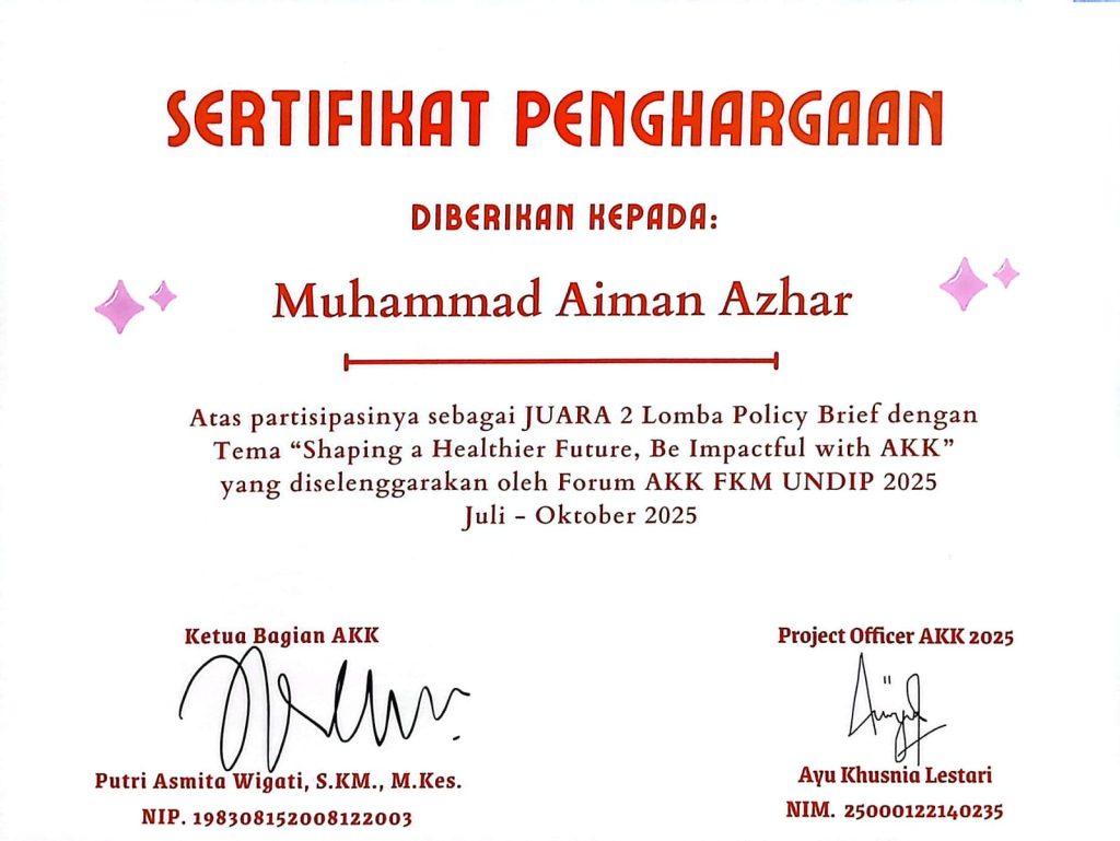 Sertifikat Penghargaan Muhammad Aiman Azhar di AKK Fair 2025. Foto: Humas FIB Undip