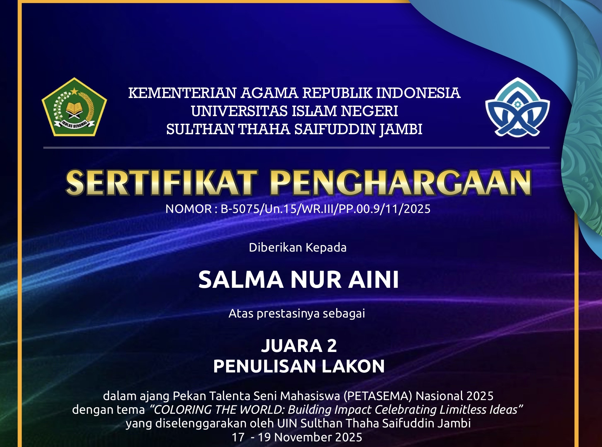 Salma Nur Aini Juara 2 Penulisan Lakon di (PETASEMA) Nasional 2025. (Foto: Humas FIB Undip)