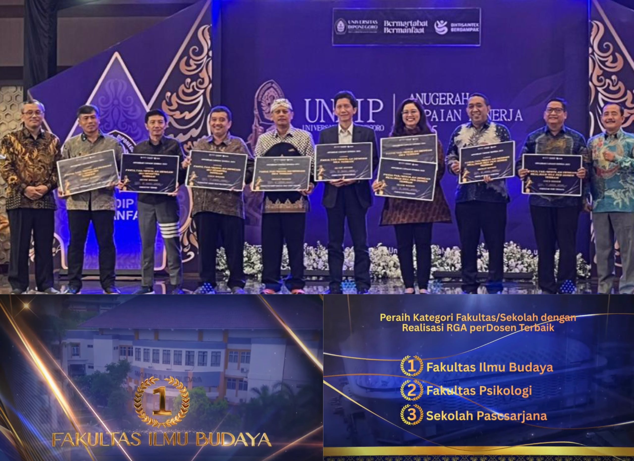 FIB Undip Raih Juara 1 Realisasi RGA per Dosen Terbaik pada Anugerah Capaian Kinerja Undip 2025. (Foto: Humas FIB Undip)
