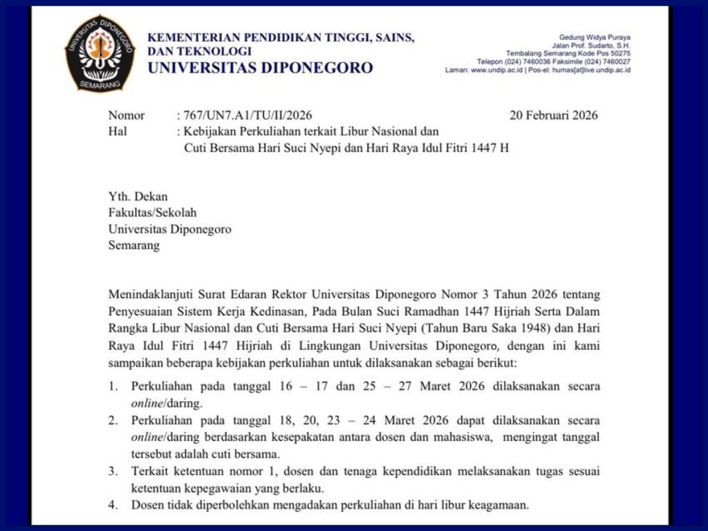 Penyesuaian Jadwal Perkuliahan Jelang Nyepi dan Idul Fitri 1447 H di Lingkungan Undip.  (Foto: Humas FIB Undip)