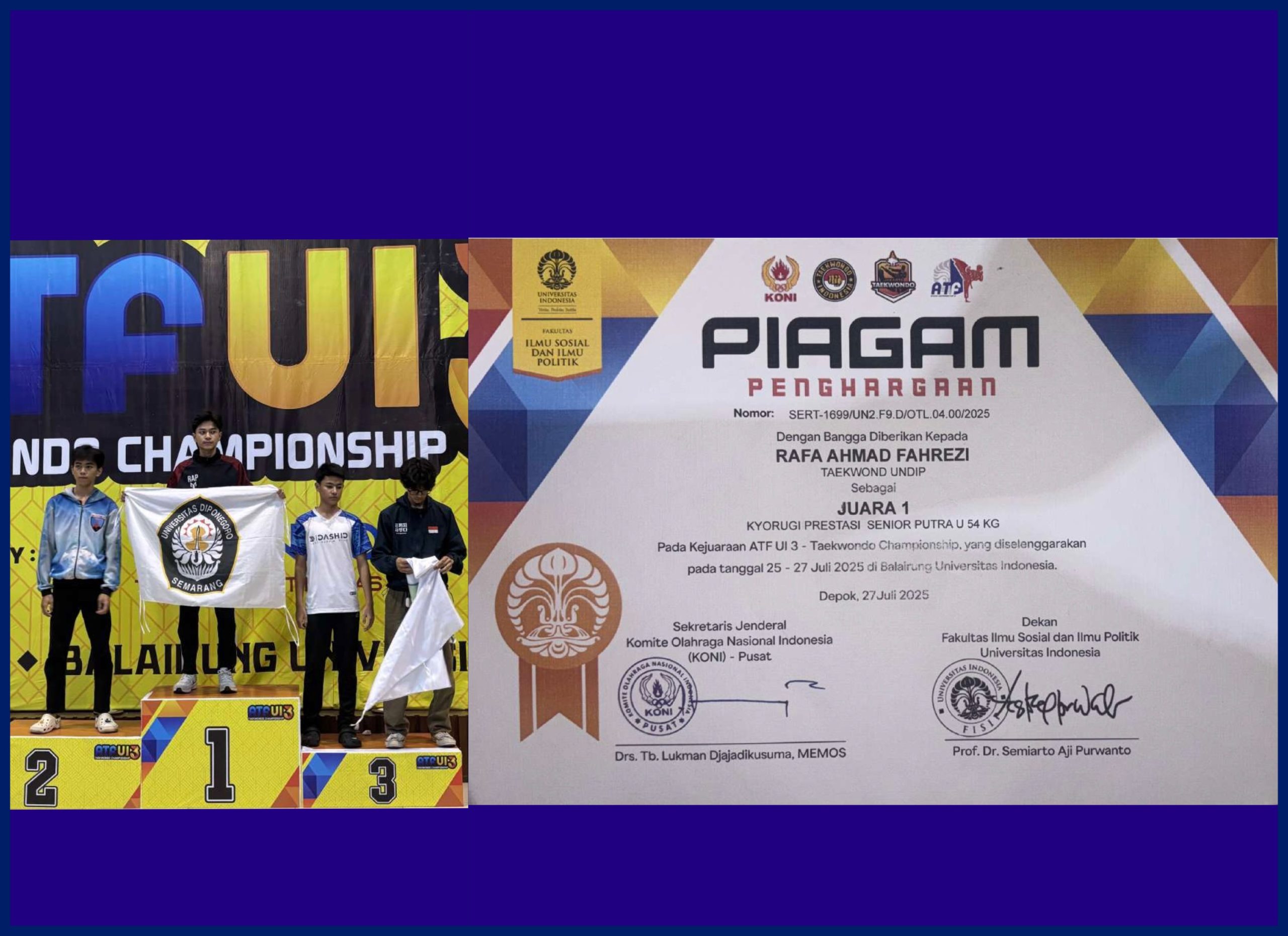 Rafa Ahmad Fahrezi, Mahasiswa FIB Undip Raih Juara 1 Nasional Taekwondo di ATF UI 3 Tahun 2025. (Foto: Humas FIB Undip)