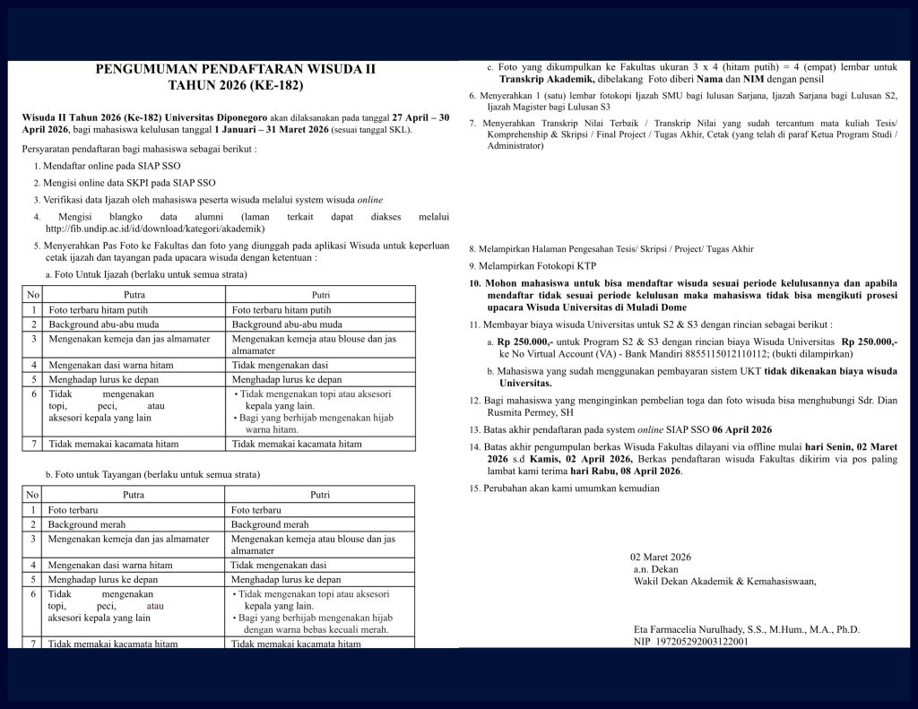 Pengumuman Pendaftaran Wisuda ke-182 Universitas Diponegoro. (Foto:  Humas FIB Undip)
