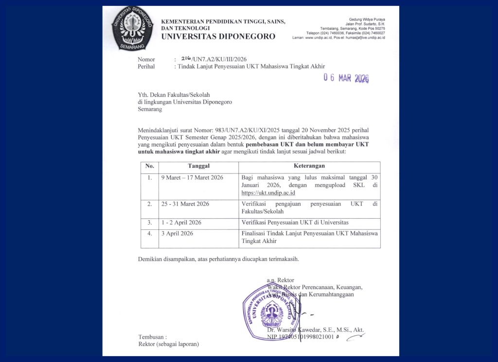 Pengumuman Penyesuaian UKT Bagi Mahasiswa Tingkat Akhir Undip 2026. (Foto: Humas FIB Undip)
