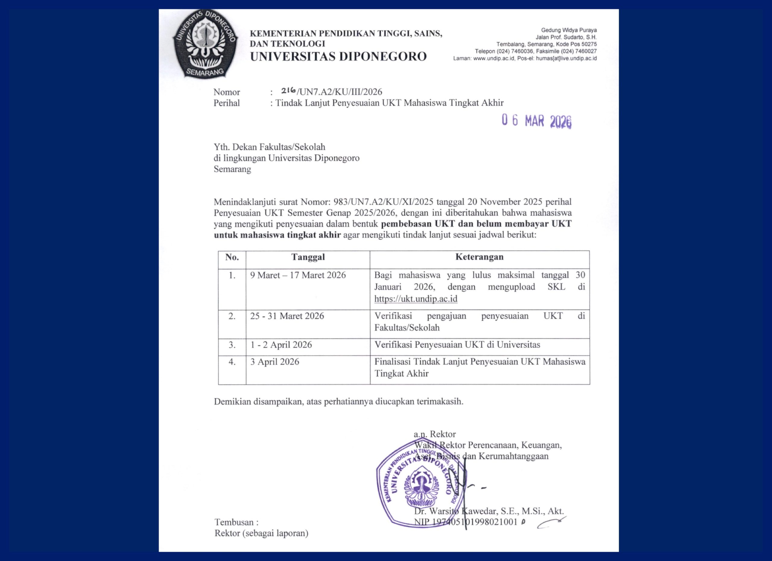 Pengumuman Penyesuaian UKT Bagi Mahasiswa Tingkat Akhir Undip 2026. (Foto: Humas FIB Undip)