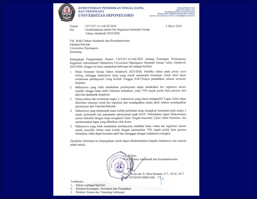 Her Registrasi Semester Genap 2025/2026 bagi Mahasiswa Undip. (Foto: Humas FIB Undip)