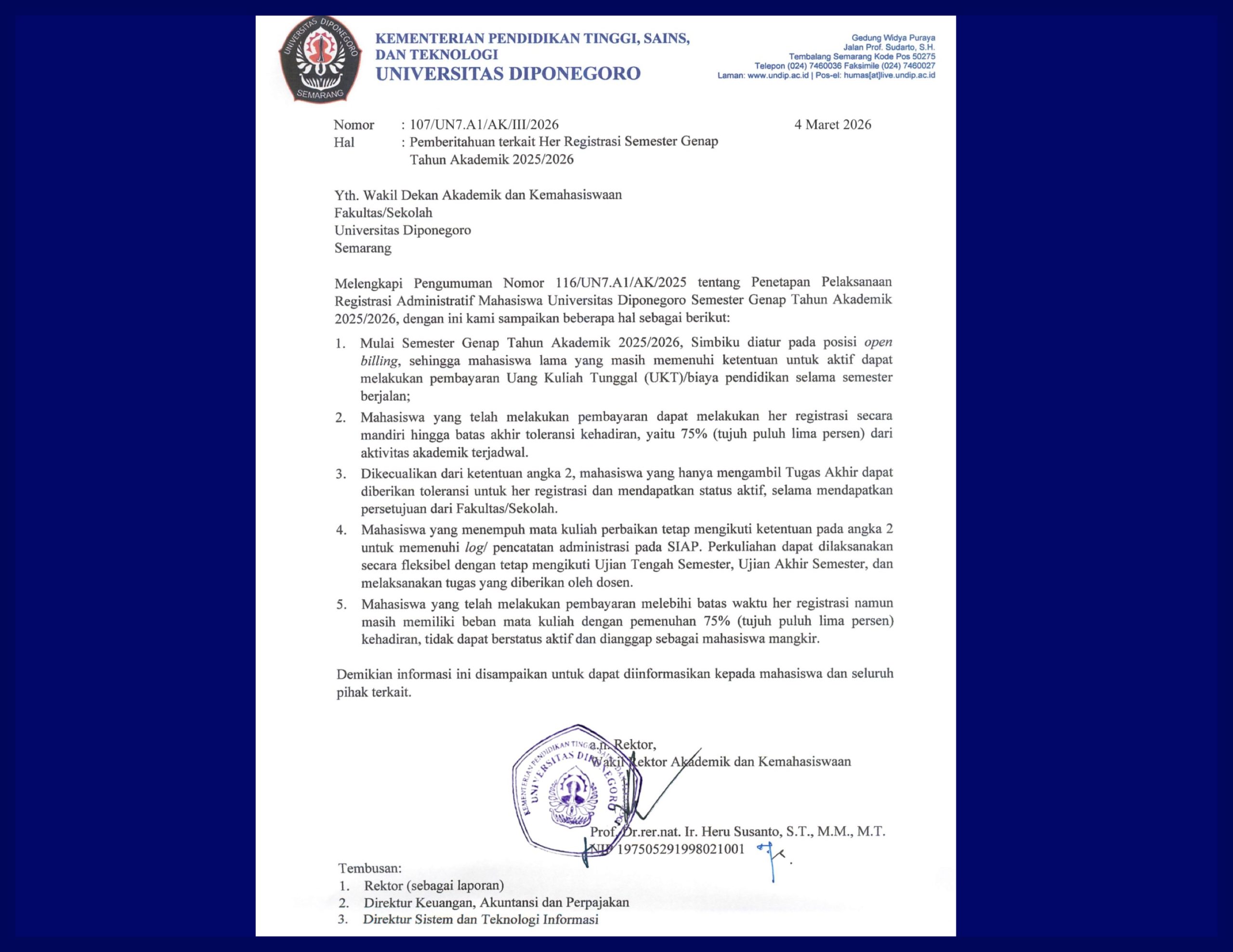 Her Registrasi Semester Genap 2025/2026 bagi Mahasiswa Undip. (Foto: Humas FIB Undip)