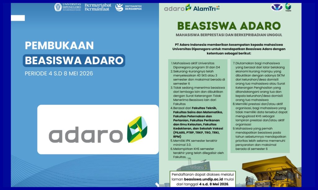 Beasiswa Adaro 2026. (Foto: Instagram @kesma.undip)
