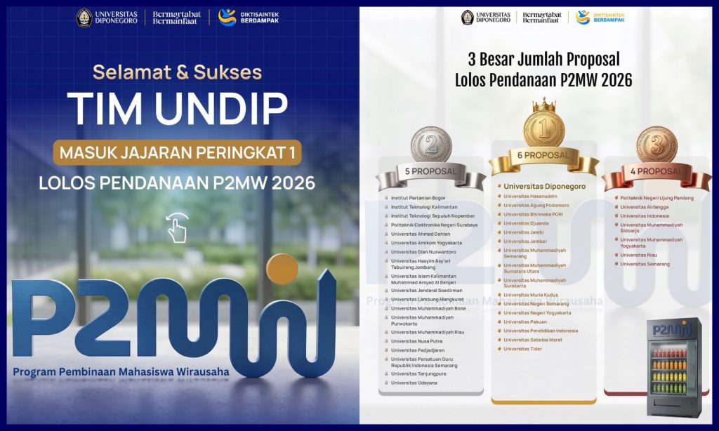 UNDIP Peringkat 1 Nasional Kelolosan P2MW (Program Pembinaan Mahasiswa Wirausaha) 2026. (Foto: Instagram @undip.official)