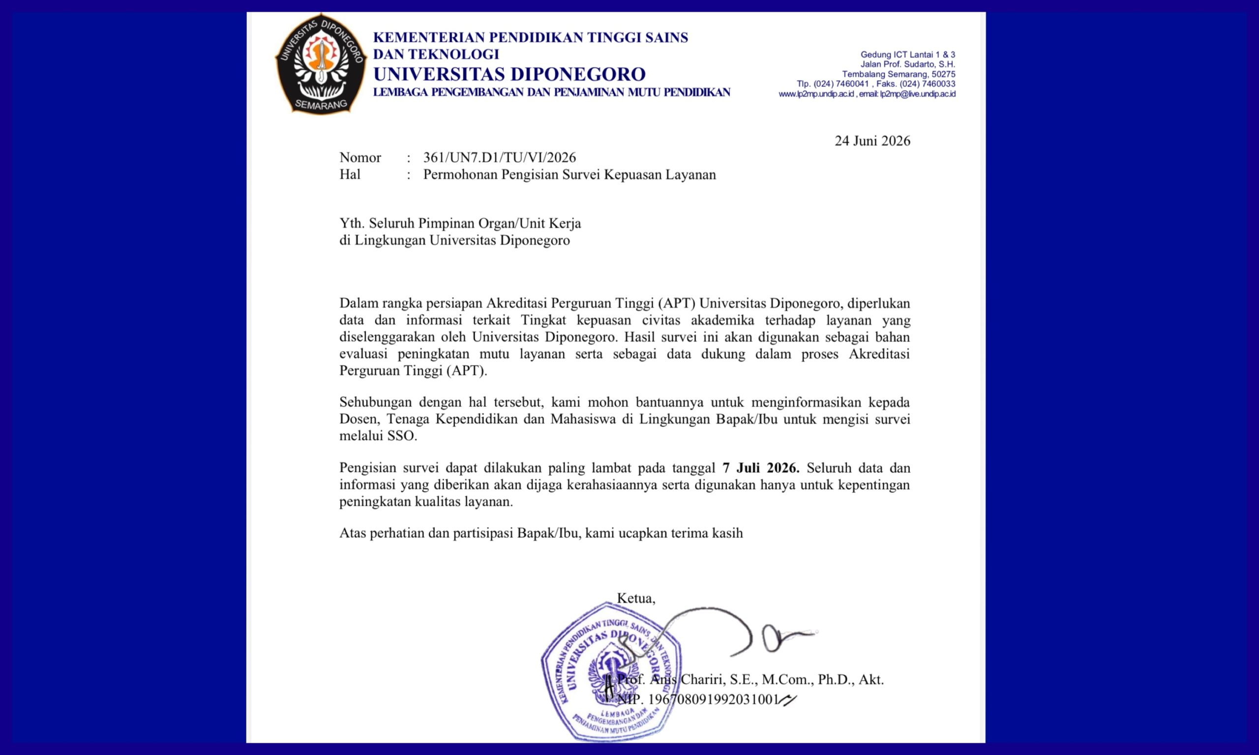 Survei Kepuasan Layanan UNDIP Melalui SSO. (Foto: Humas FIB Undip)