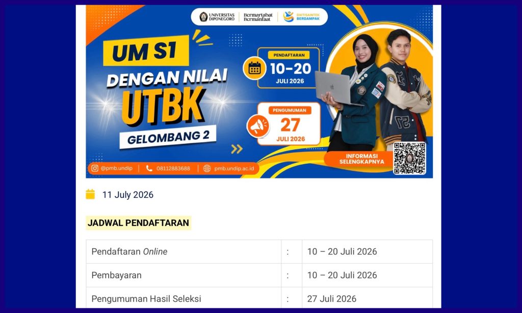 Ujian Mandiri dengan Nilai UTBK Gelombang 2 Undip 2026. (Foto: Website PMB Undip)
