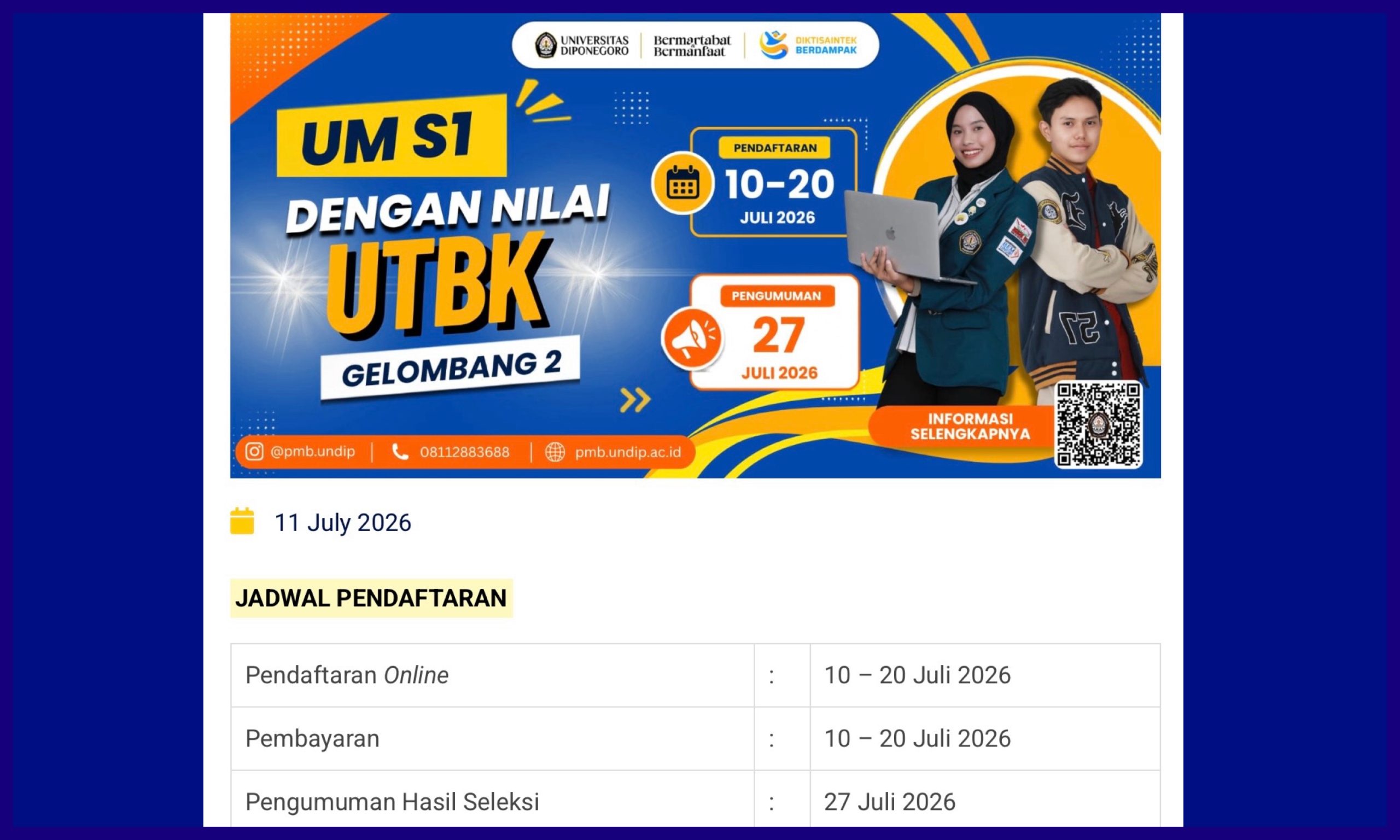 Ujian Mandiri dengan Nilai UTBK Gelombang 2 Undip 2026. (Foto: Website PMB Undip)