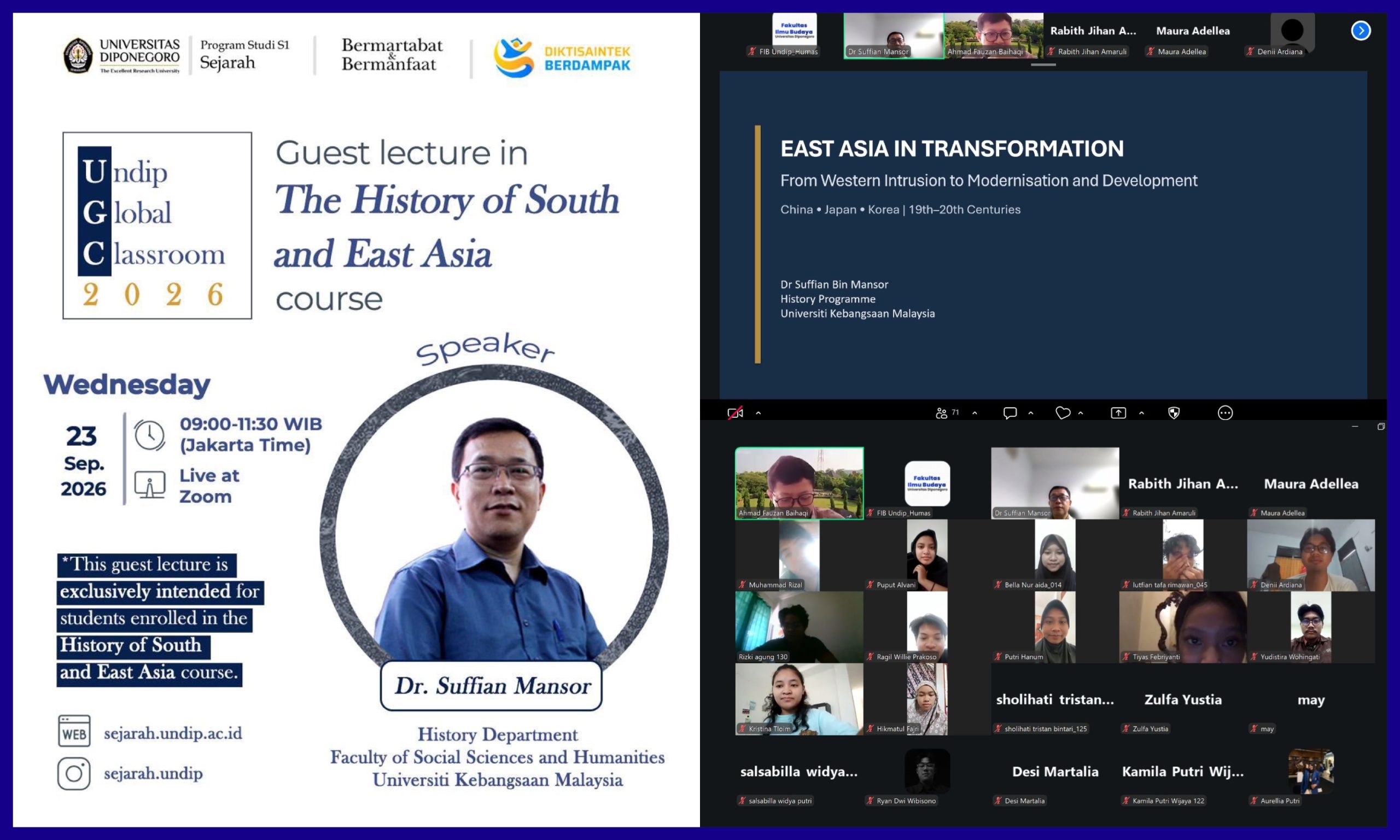 Undip Global Classroom (UGC) S1 Sejarah FIB Undip dengan Dosen Universiti Kebangsaan Malaysia. (Foto: Humas FIB Undip)