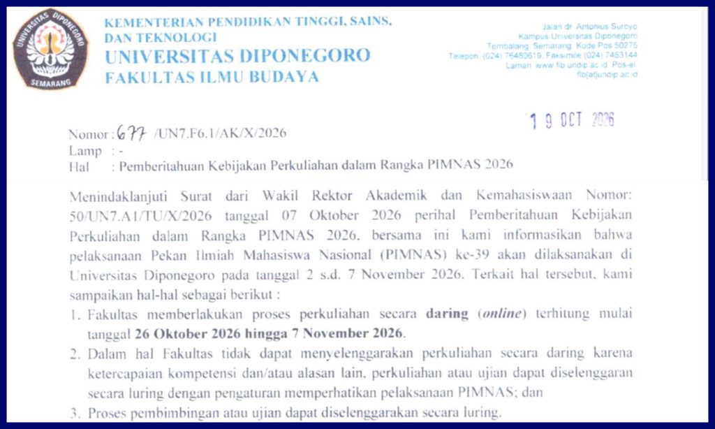 Perkuliahan Undip Daring Mulai 26 Oktober Hingga 7 November 2026. (Foto: Humas FIB Undip)