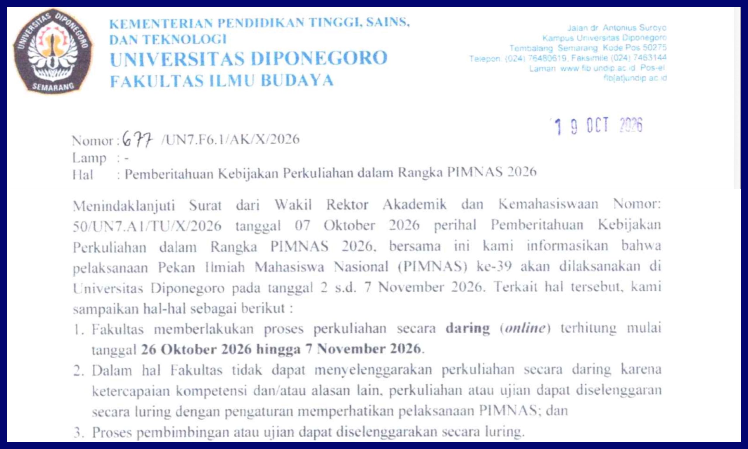 Perkuliahan Undip Daring Mulai 26 Oktober Hingga 7 November 2026. (Foto: Humas FIB Undip)