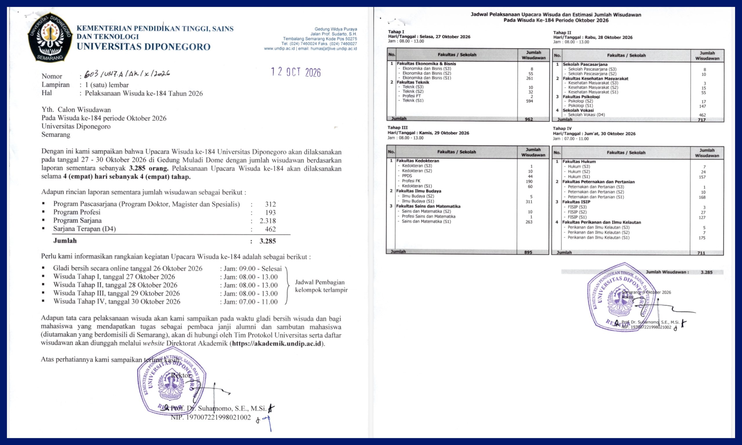 Jadwal Wisuda ke-184 Undip. (Foto: Humas FIB Undip)